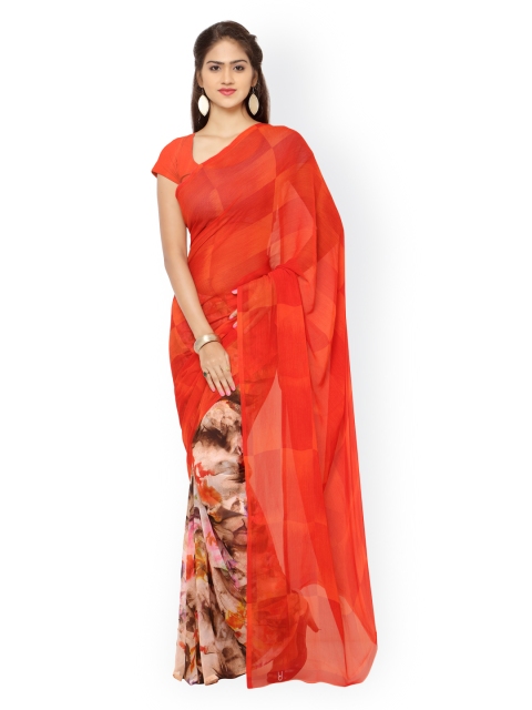 

Ligalz Red & Brown Georgette Floral Print Saree