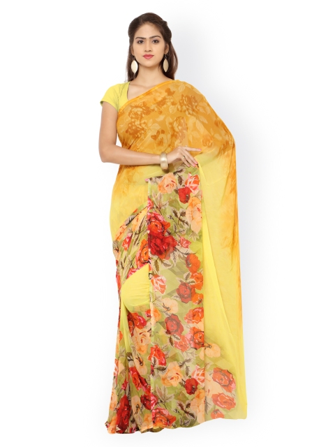

Ligalz Yellow & Red Georgette Floral Print Saree