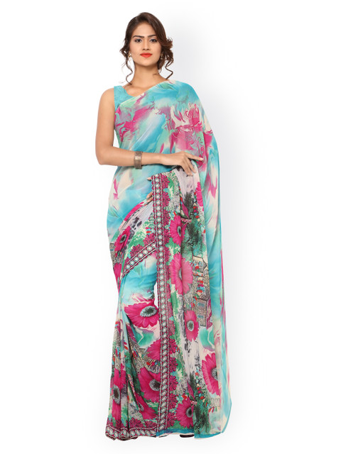 

Ligalz Turquoise Blue & Pink Georgette Floral Print Saree