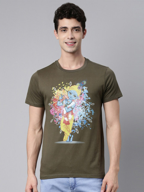 

QUANCIOUS Men Olive Green & Turquoise Blue Printed Organic Cotton Sustainable T-shirt