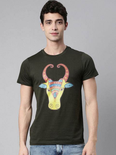 

QUANCIOUS Men Olive Green Printed Sustainable T-shirt