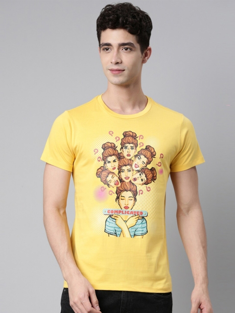 

QUANCIOUS Men Mustard Yellow & Brown Graphic Printed Sustainable T-shirt