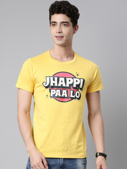 

QUANCIOUS Men Mustard Yellow Typography Printed Sustainable T-shirt
