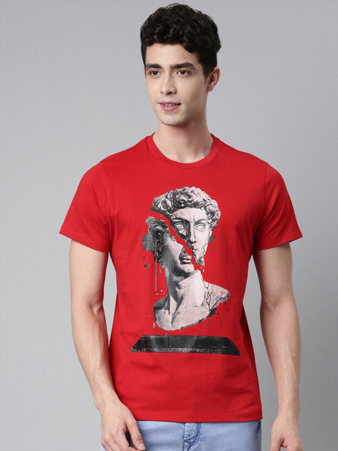 

QUANCIOUS Men Red & Grey Organic Cotton Graphic Printed Sustainable T-shirt