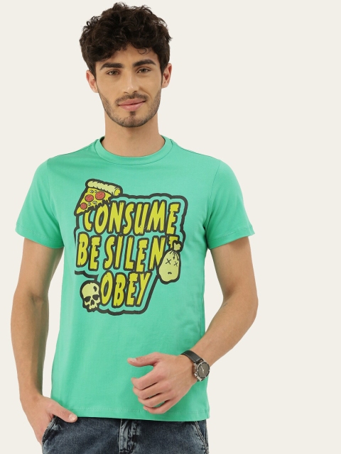 

QUANCIOUS Men Green Striped Applique Sustainable T-shirt