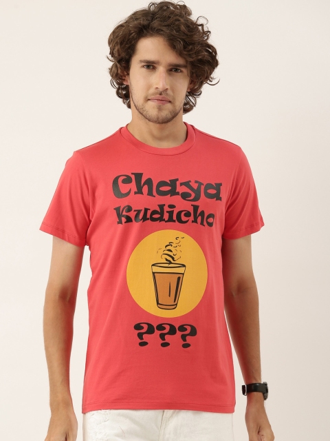 

QUANCIOUS Men Coral & Mustard Yellow Typography Printed Organic Cotton Sustainable T-shirt