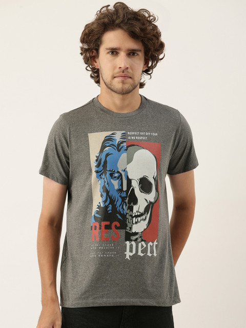 

QUANCIOUS Men Charcoal Typography Printed Raw Edge Sustainable T-shirt