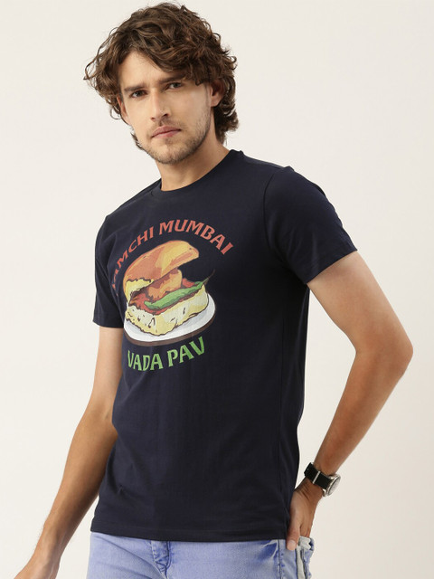

QUANCIOUS Men Navy Blue & Green Organic Cotton Graphic Printed Sustainable T-shirt