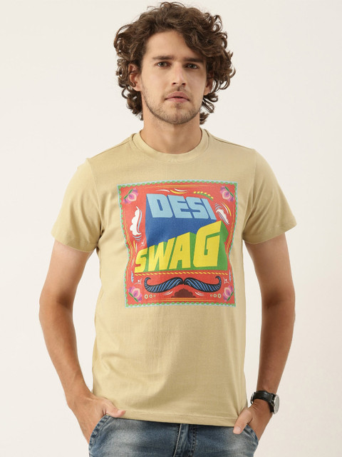 

QUANCIOUS Men Beige & Yellow Organic Cotton Typography Printed Sustainable T-shirt