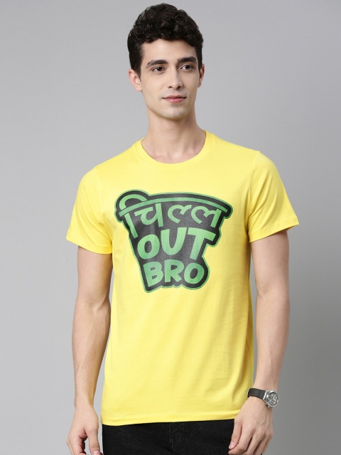 

QUANCIOUS Men Yellow Typography Printed Applique Sustainable T-shirt