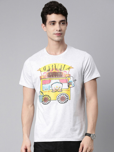 

QUANCIOUS Men Grey Melange & Yellow Graphic Printed Organic Cotton Sustainable T-shirt