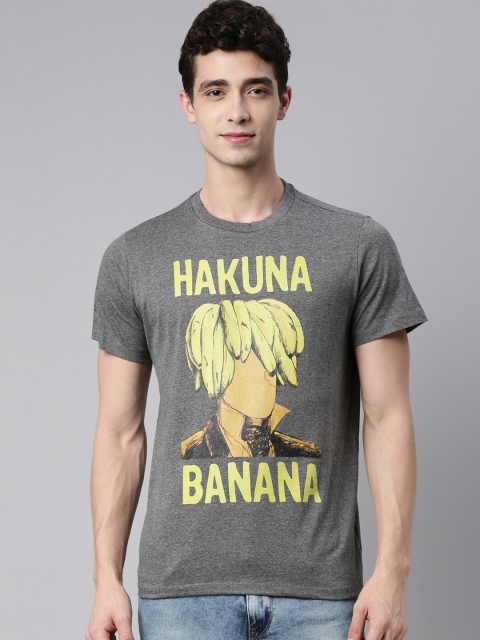 

QUANCIOUS Men Charcoal Typography Printed Raw Edge Sustainable T-shirt