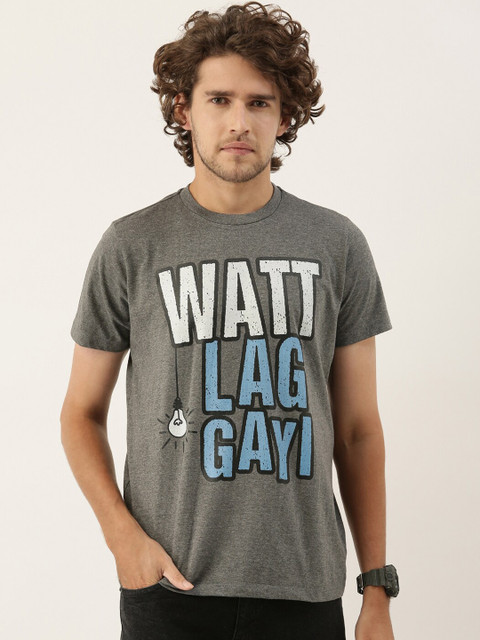 

QUANCIOUS Men Charcoal Grey & Blue Typography Printed Organic Cotton Sustainable T-shirt
