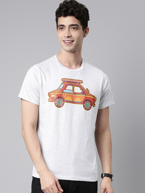 

QUANCIOUS Men Grey Melange Printed Applique Sustainable T-shirt