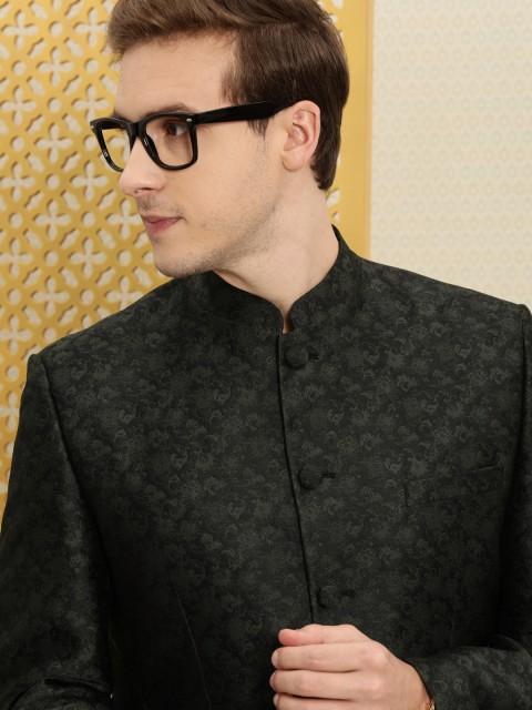 

House of Pataudi Men Black & Olive Green Woven Design Bandhgala Jashn Blazer