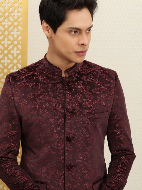 

House of Pataudi Men Maroon Self-Design Thread Work Velvet Bandhgala Party Blazer