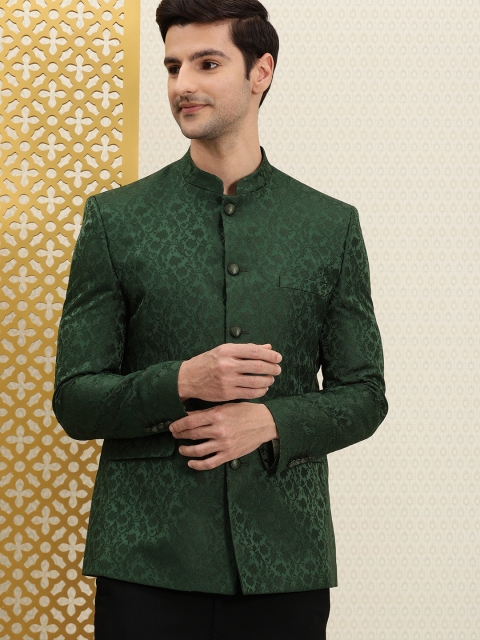 

House of Pataudi Men Green Ethnic Motifs Woven Design Bandhgala Jashn Party Blazer