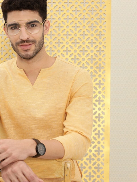 

Ode by House of Pataudi Men Yellow Cotton Rozana Straight Kurta with Slub Effect