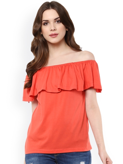 

Harpa Women Red Solid Off-Shoulder Top