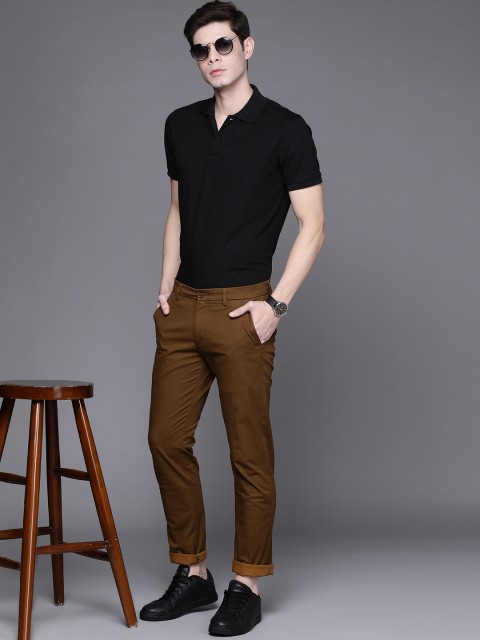 

Allen Solly Men Mustard Brown & Black Checked Slim Fit Trousers