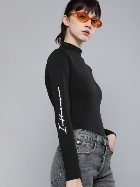 

Kook N Keech Women Black Typography Printed High Neck Pure Cotton T-shirt