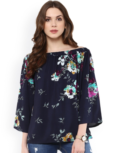 

Harpa Women Navy Blue Floral Print Off-Shoulder Top