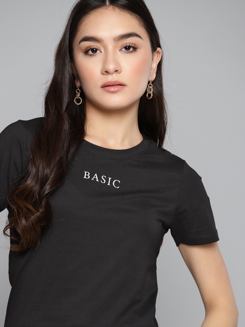

Kook N Keech Women Black Pure Cotton Solid Printed T-shirt With Printed Detail