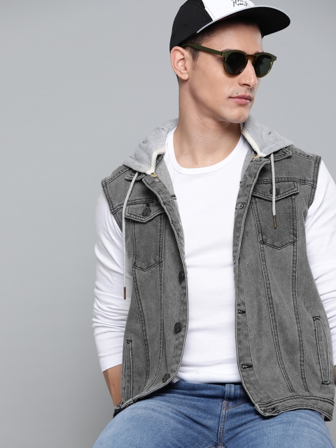 

Kook N Keech Men Charcoal Pure Cotton Denim Jacket with Detachable Hood