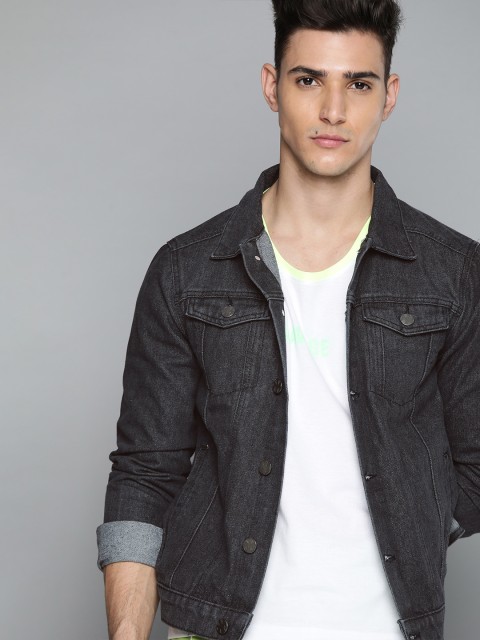 

Kook N Keech Men Charcoal Grey Solid Pure Cotton Denim Jacket