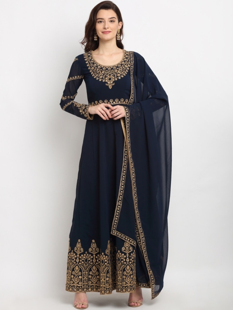 

Stylee LIFESTYLE Navy Blue & Gold-Toned Embroidered Semi-Stitched Dress Material