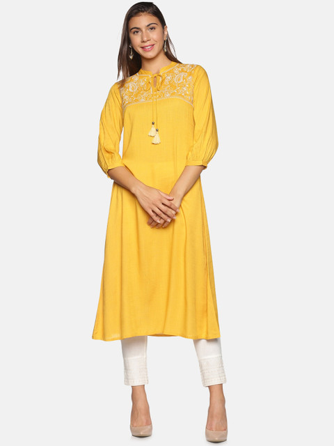 

Saffron Threads Women Yellow Chikankari Paisley Embroidered Yoke Thread Work Kurta