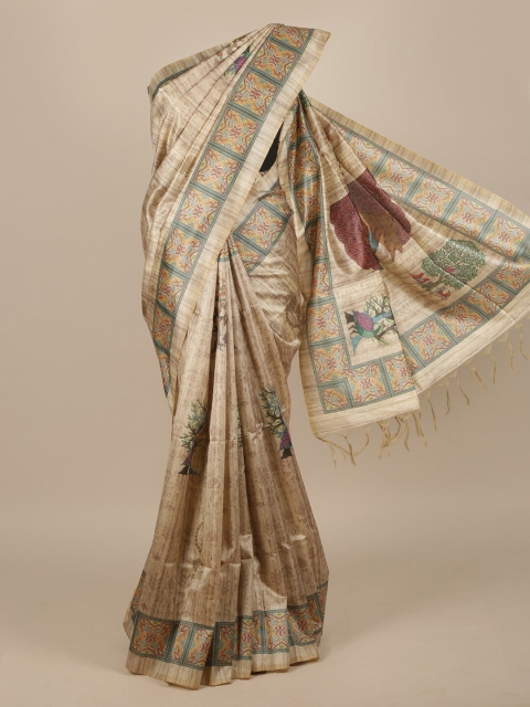

Pothys Cream-Coloured & Sea Green Floral Jute Silk Saree