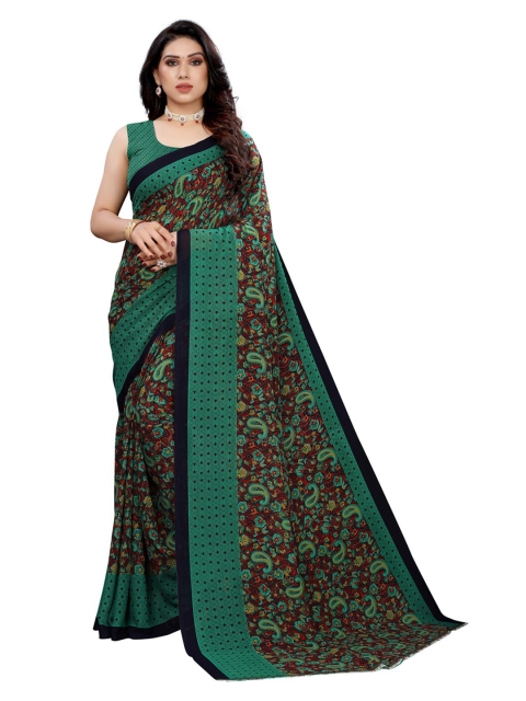 

KALINI Navy Blue & Green Paisley Pure Georgette Saree