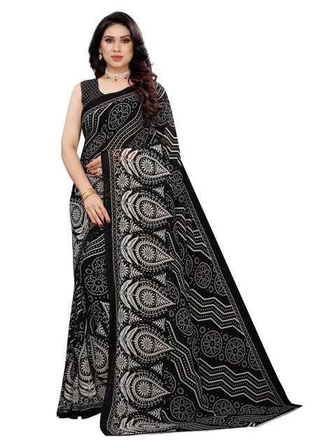 

KALINI Black & White Bandhani Pure Georgette Saree