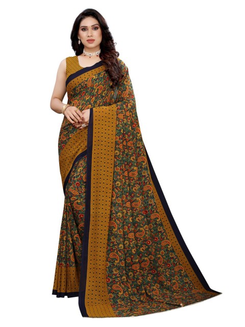 

KALINI Brown & Green Floral Pure Georgette Saree