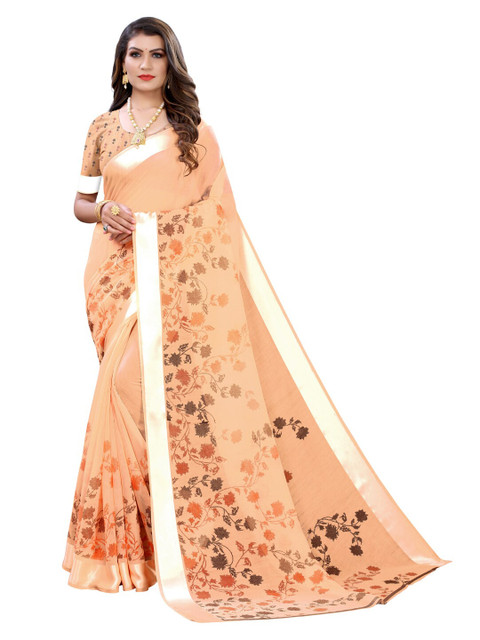 

KALINI Peach-Coloured & Brown Floral Polycotton Saree