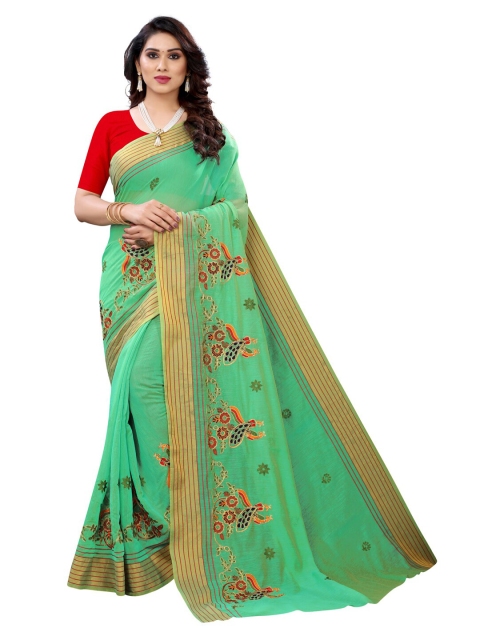 

KALINI Green & Yellow Floral Polycotton Saree