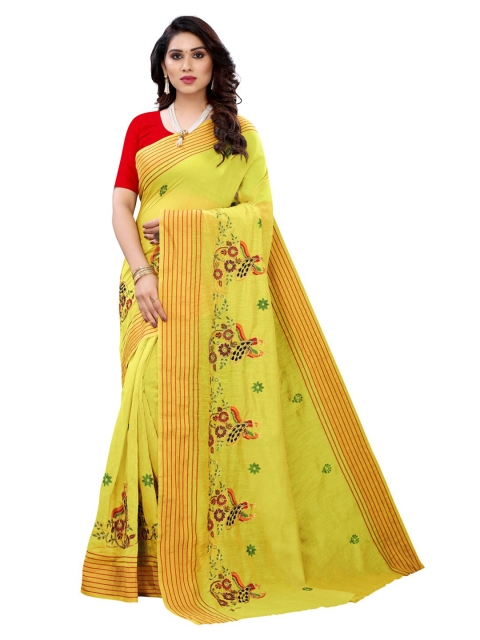 

KALINI Lime Green & Red Ethnic Motifs Embroidered Saree