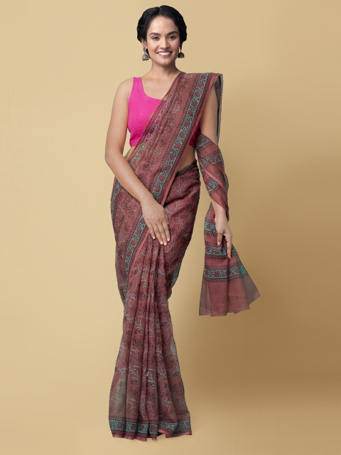 

Unnati Silks Burgundy & Sea Green Floral Hand Block Printed Pure Cotton Kota Saree