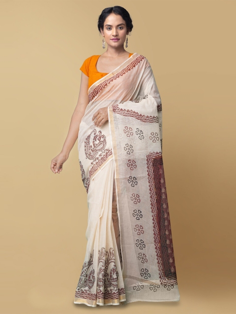 

Unnati Silks Women Ivory Pure Hand Block Printed Kota Cotton Saree, Cream