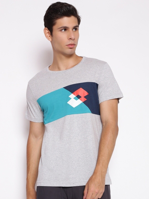 

Lotto Men Grey Melange & Turquoise Blue Colourblocked T-shirt