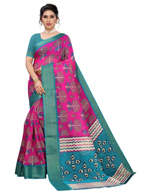 

KALINI Pink & Sea Green Floral Linen Blend Saree