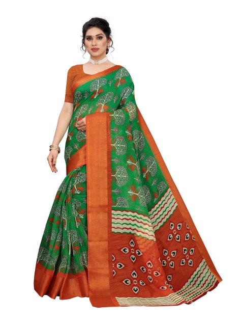 

KALINI Green & Red Floral Linen Blend Saree