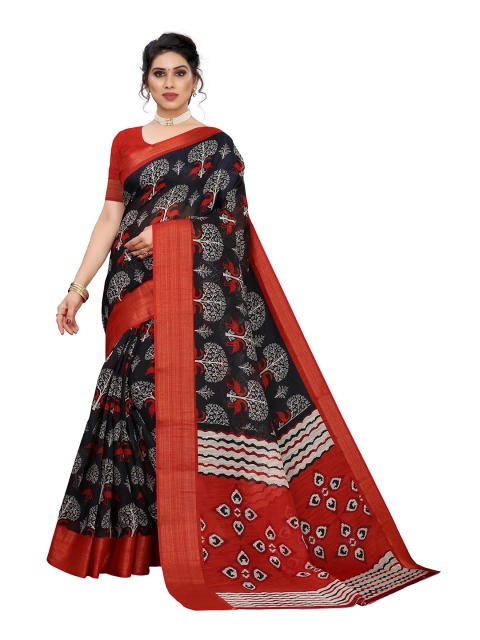 

KALINI Black & Red Ethnic Motifs Linen Blend Saree