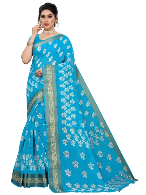 

KALINI Blue & White Floral Zari Linen Blend Saree
