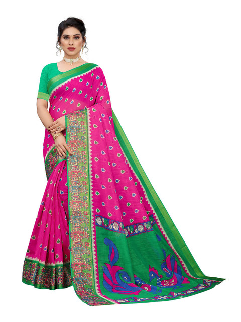 

KALINI Pink & Green Ethnic Motifs Linen Blend Saree