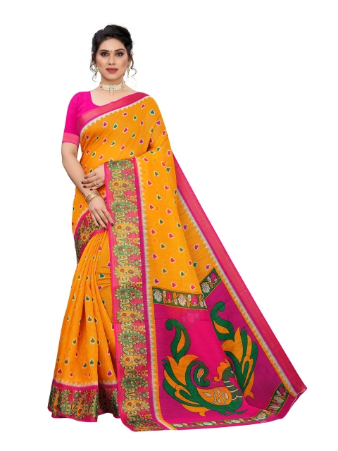 

KALINI Yellow & Pink Paisley Linen Blend Saree