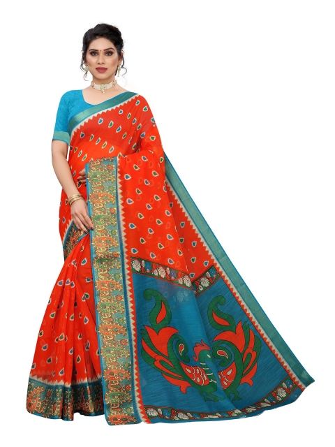 

KALINI Orange & Blue Ethnic Motifs Linen Blend Saree