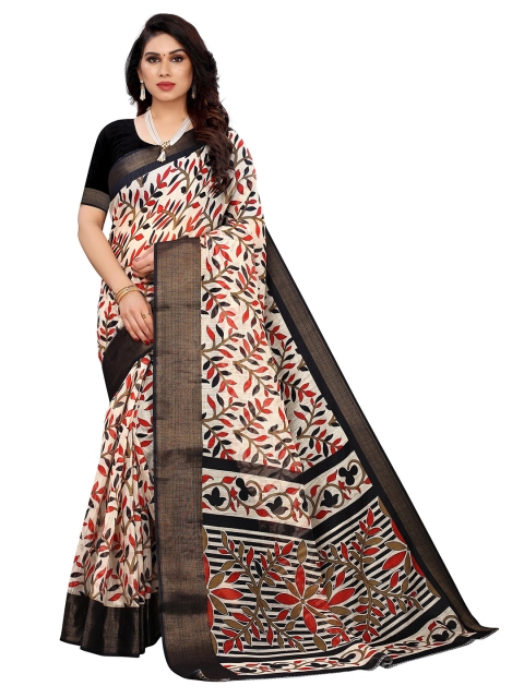 

KALINI Cream-Coloured & Red Floral Linen Blend Saree