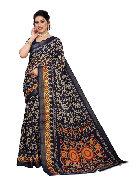 

KALINI Navy Blue & Beige Floral Linen Blend Saree